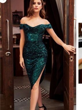 Cinderella Devine Sexy Sequin High Slit Cocktail Dress in Emerald
